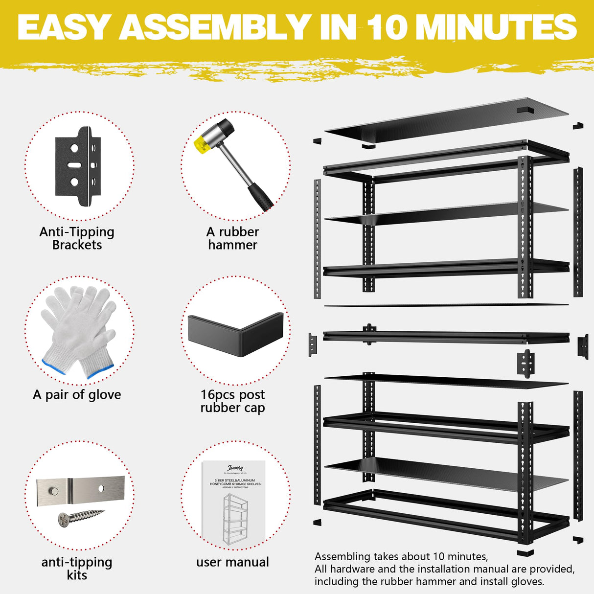 Lauxery Heavy-Duty Garage Shelving Unit | 3000lbs Capacity | Easy Assembly | Innovative Honeycomb Shelves | 5-Tier Adjustable Industrial Shelf for Basement/Pantry/Warehouse| 72" H x 48" W x 18.9" D Lauxery