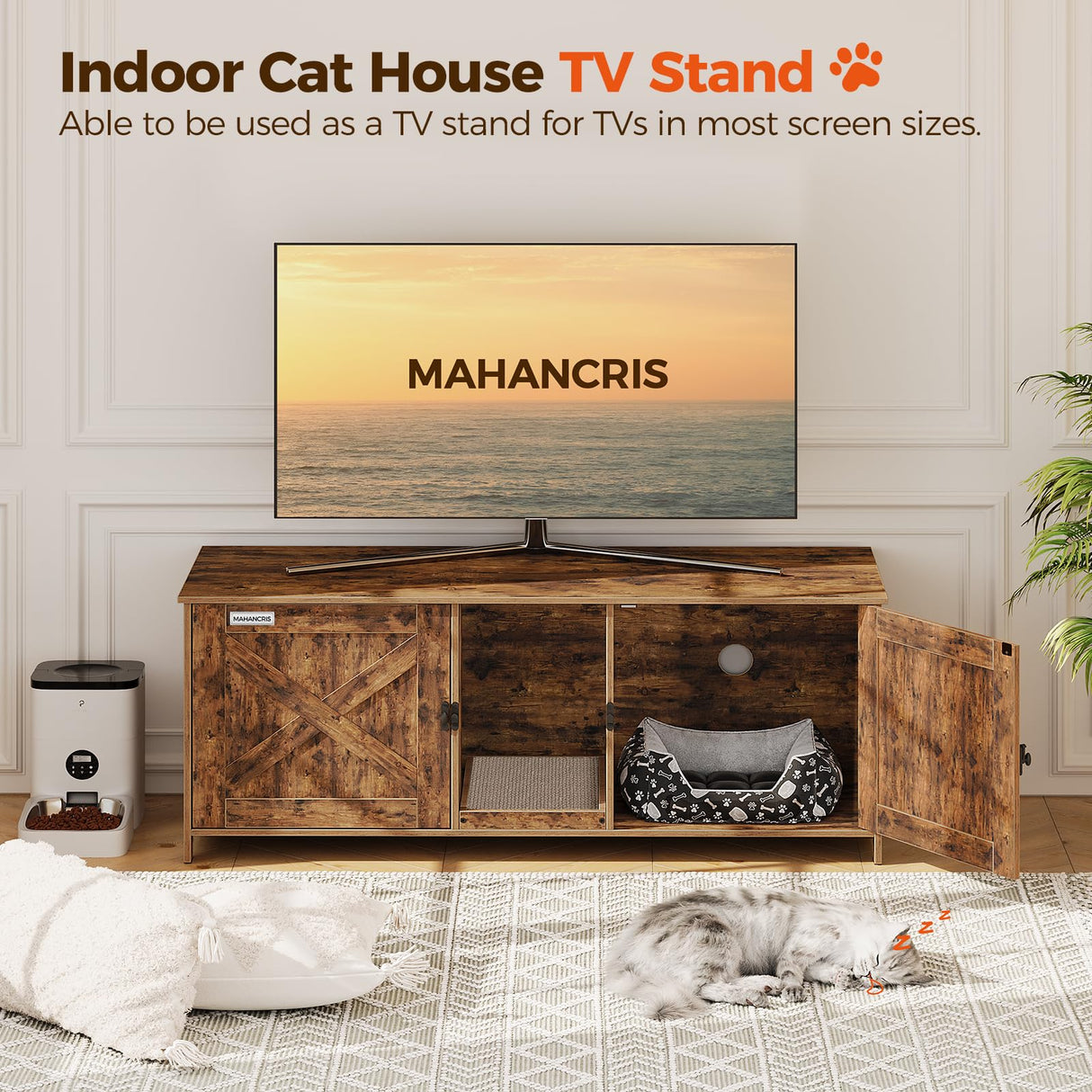 MAHANCRIS Cat Litter Box Enclosure for 2 Cats, 47.2" Hidden Cat Litter Box Furniture with Double Room, Wooden Cat Washroom with Scratching Board, Indoor Cat House End Table, Rustic Brown CWHR1201 MAHANCRIS