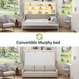 Queen Horizontal Murphy Bed with Sofa and Storage Shelves,LED Light,Solid Wood Space Saving Hideaway Murphy Wall Bed with Couch and Storage for Adults (Beige) MERITLINE