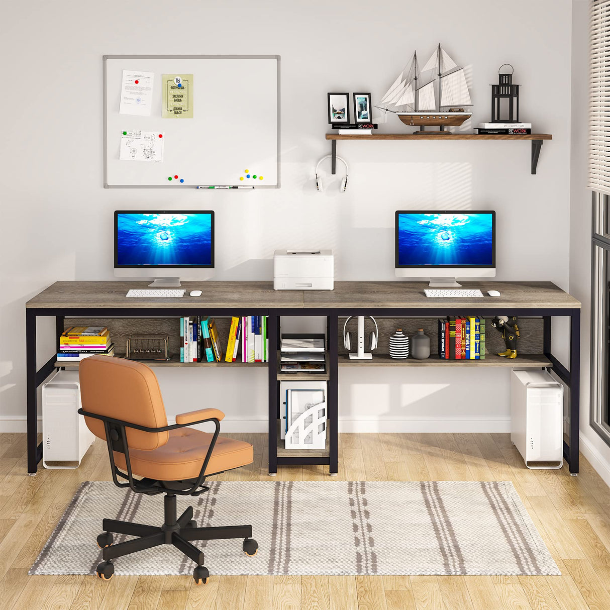 Tribesigns Two Person Desk with Bookshelf, 78.7 Computer Office Double Desk for Two Person, Rustic Writing Desk Workstation with Shelf for Home Office (Grey) Tribesigns