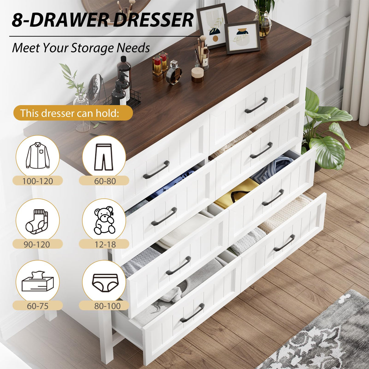 Jocoevol Elegant Farmhouse 8 Drawer Dresser for Bedroom - Large Wooden Double Dressers with Deep Drawers Dressers for Hallway, or Entryway - White & Brown Jocoevol