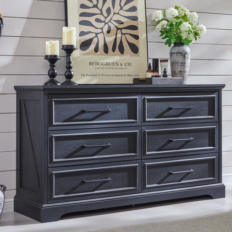 ACCOHOHO Farmhouse 6 Drawer Dresser for Bedroom, 52 Inch Wide Modern Dresser TV Stand with Large Drawers & Bar Handles, Rustic Wood Chest of Drawers for Bedroom, Living Room, Hallway, Black ACCOHOHO
