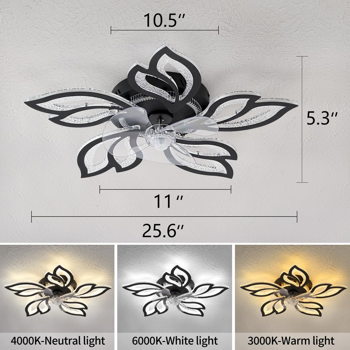 haodengshi 25" Ceiling Fan with Lights and Remote Control, Black Geometric Ceiling Fan with Lights, 3 Light Color 6 Speeds Flush Mount Low Profile Ceiling Fan for Bedroom Kitchen haodengshi