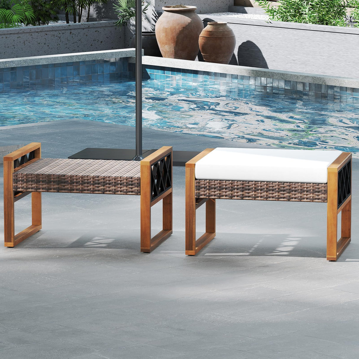 RELAX4LIFE Wicker Outdoor Ottomans for Patio - Set of 2 Rattan Outside Footstool w/Removable Cushion, Wood & Metal Frame, 3-in-1 Foot Rest, Extra Seating & Side Tables for Porch Backyard Poolside RELAX4LIFE