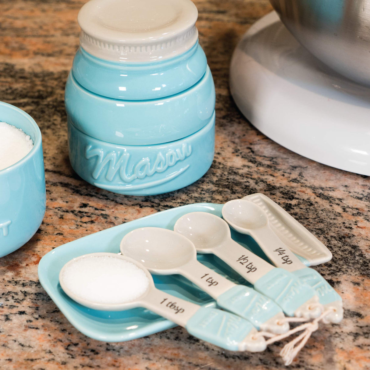 Blue Mason Jar Spoon Rest - Kitchen Spoon Holder for Stove Top - Ceramic Ladle Holder for Cooking Utensil in Rustic, Antique, Farmhouse Design Sparrow Decor