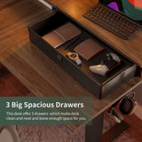 FEZIBO Triple Motor 63" L Shaped Standing Desk with 3 Drawers, Electric Gaming Desk Adjustable Height, Corner Stand up Desk with Splice Board, Black Frame/Black Walnut Top FEZIBO