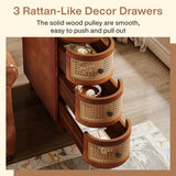 Tribesigns Solid Wood End Table, 3-Drawer Rattan Side Table, Night Stand with 3 Rattan Drawers and Exquisite Embossed Handles for Living Room, No Assembly Required (Walnut & Oak, 1PC) Tribesigns