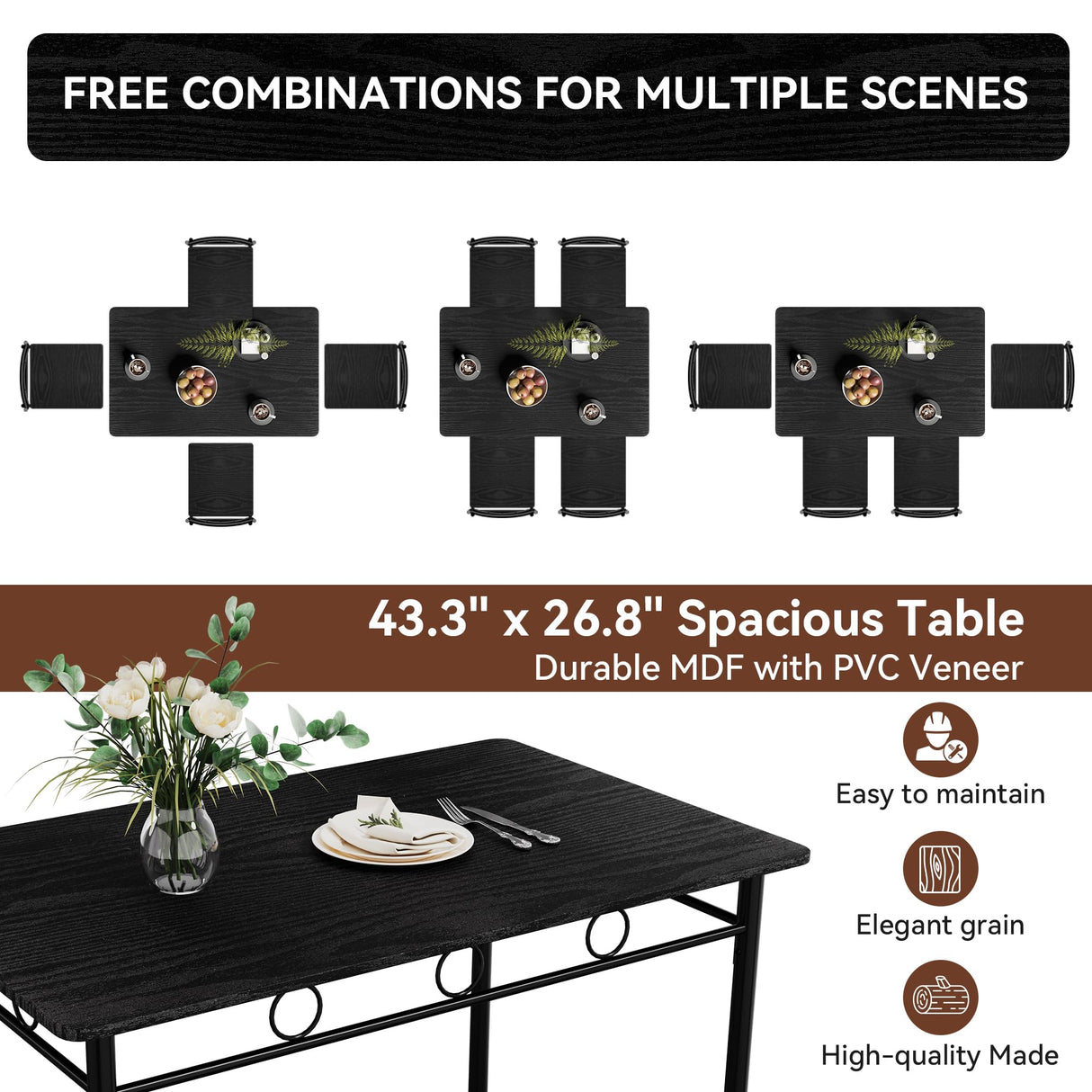 Vipbear Kitchen Dining Table Set for 4, 5-Piece Kitchen Table Set,Dining Room Table Sets,Rectangular Kitchen Table Set with 4 Chairs for Small Space, Dinette,Apartment,Rustic Black Vipbear