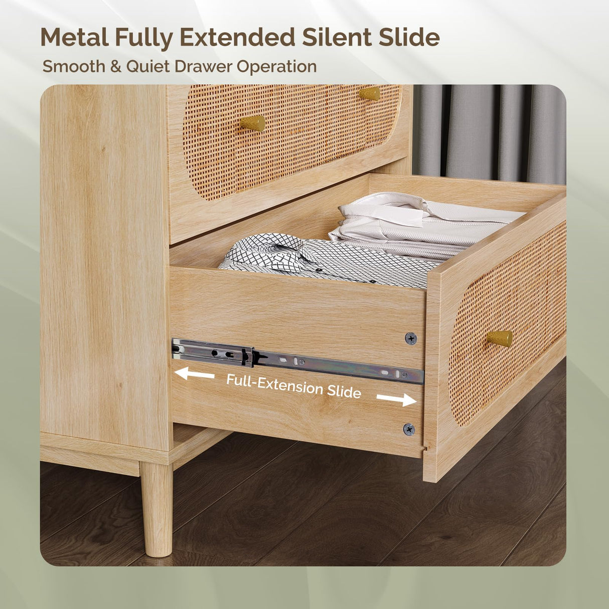 VINGLI Rattan Dresser with LED Lights, Tall Dresser Boho Chest of Drawers for Bedroom, Wicker Chest 4 Drawer, Vertical Dressers for Bedroom，Natural Oak VINGLI