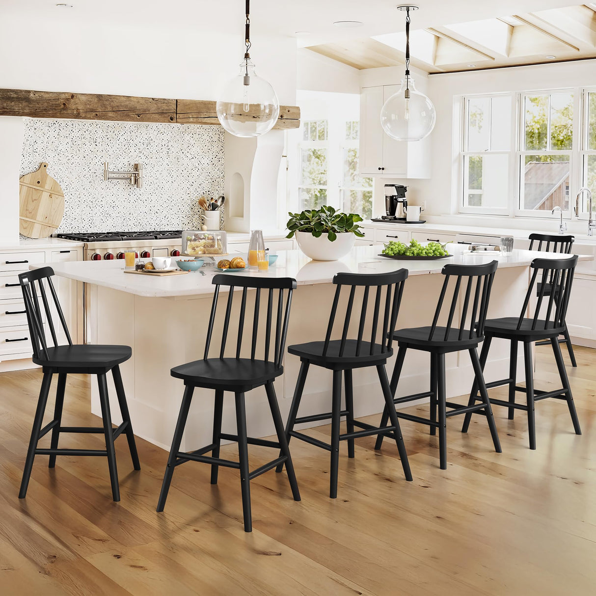 LUE BONA 360° Swivel Bar Stools Set of 4, Black Windsor Barstools, Counter Height Barstool with Spindle Back, 24 inch Farmhouse Wooden Counter Stools for Kitchen Island, Pub, Bistro, Cafe LUE BONA