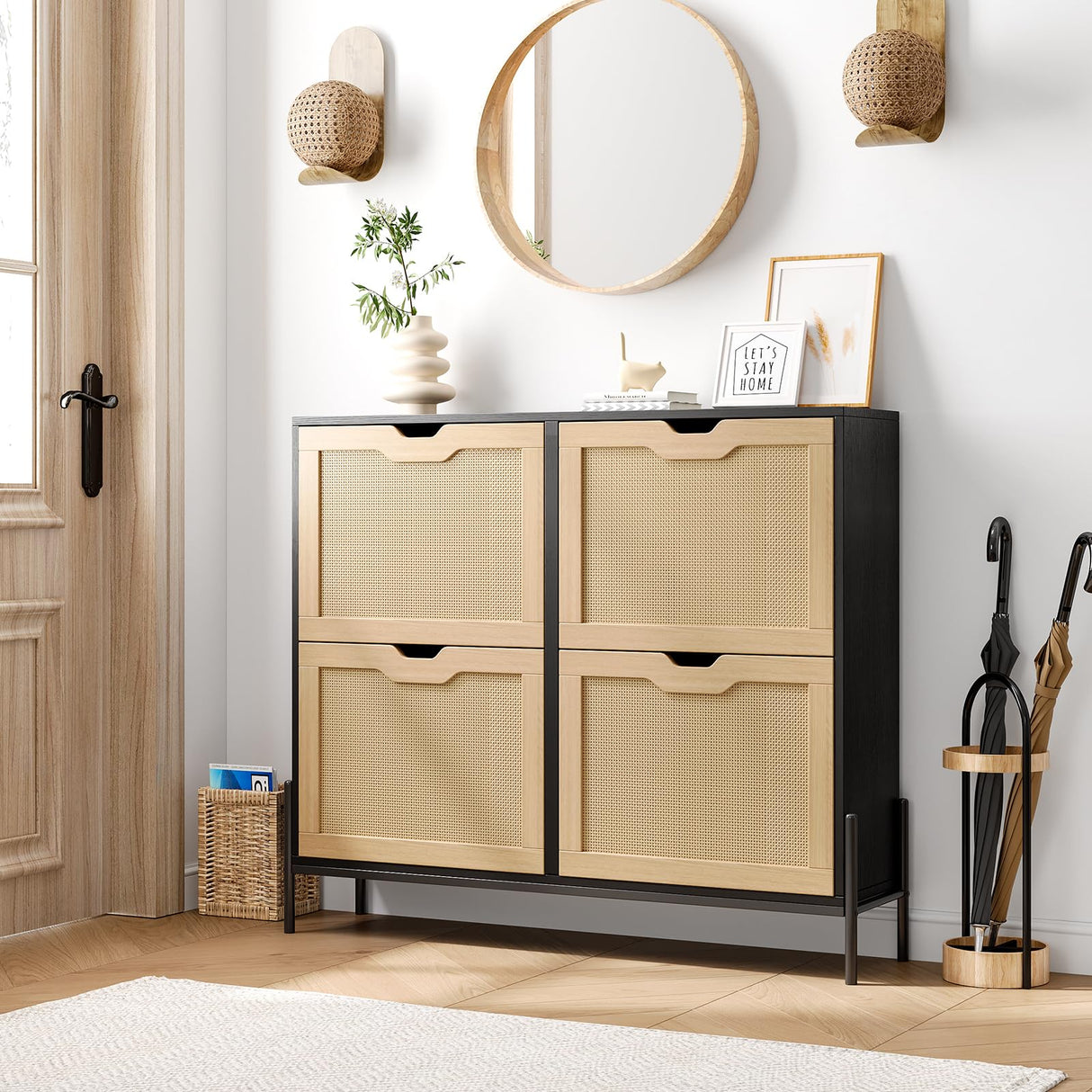 Algglobuy Large Rattan Shoe Cabinet Storage with 4 Flip Drawers & 3-Tier Adjustable Shelves, Slim Shoe Cabinet for Entryway, Modern Hidden Shoe Rack Cabinet, Black Algglobuy