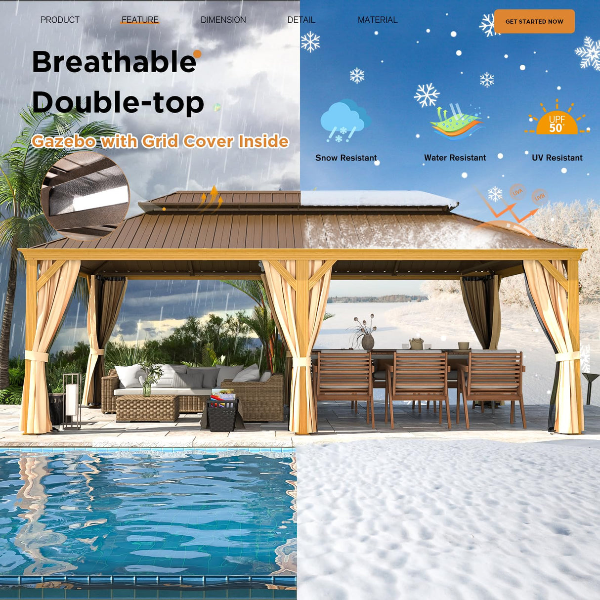 YOLENY 14' x 22' Hardtop Gazebo Wood-Looking Gazebo with Galvanized Steel Double Roof, Aluminum Frame, Outdoor Patio Hardtop Gazebo with Netting and Curtains for Lawns，Deck, Backyard YOLENY