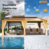 YOLENY 14' x 22' Hardtop Gazebo Wood-Looking Gazebo with Galvanized Steel Double Roof, Aluminum Frame, Outdoor Patio Hardtop Gazebo with Netting and Curtains for Lawns，Deck, Backyard YOLENY