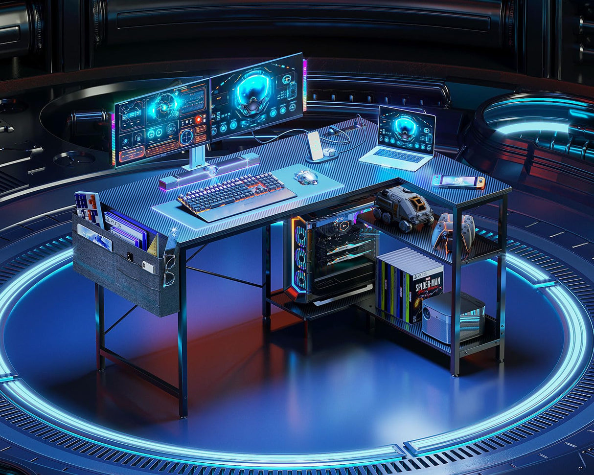 ODK 48 Inch Small L Shaped Gaming Computer Desk with Power Outlets, Corner Desk with Reversible Storage Shelves & PC Stand for Small Space, Modern Simple Home Office Table, Carbon Fiber Surface, Black ODK