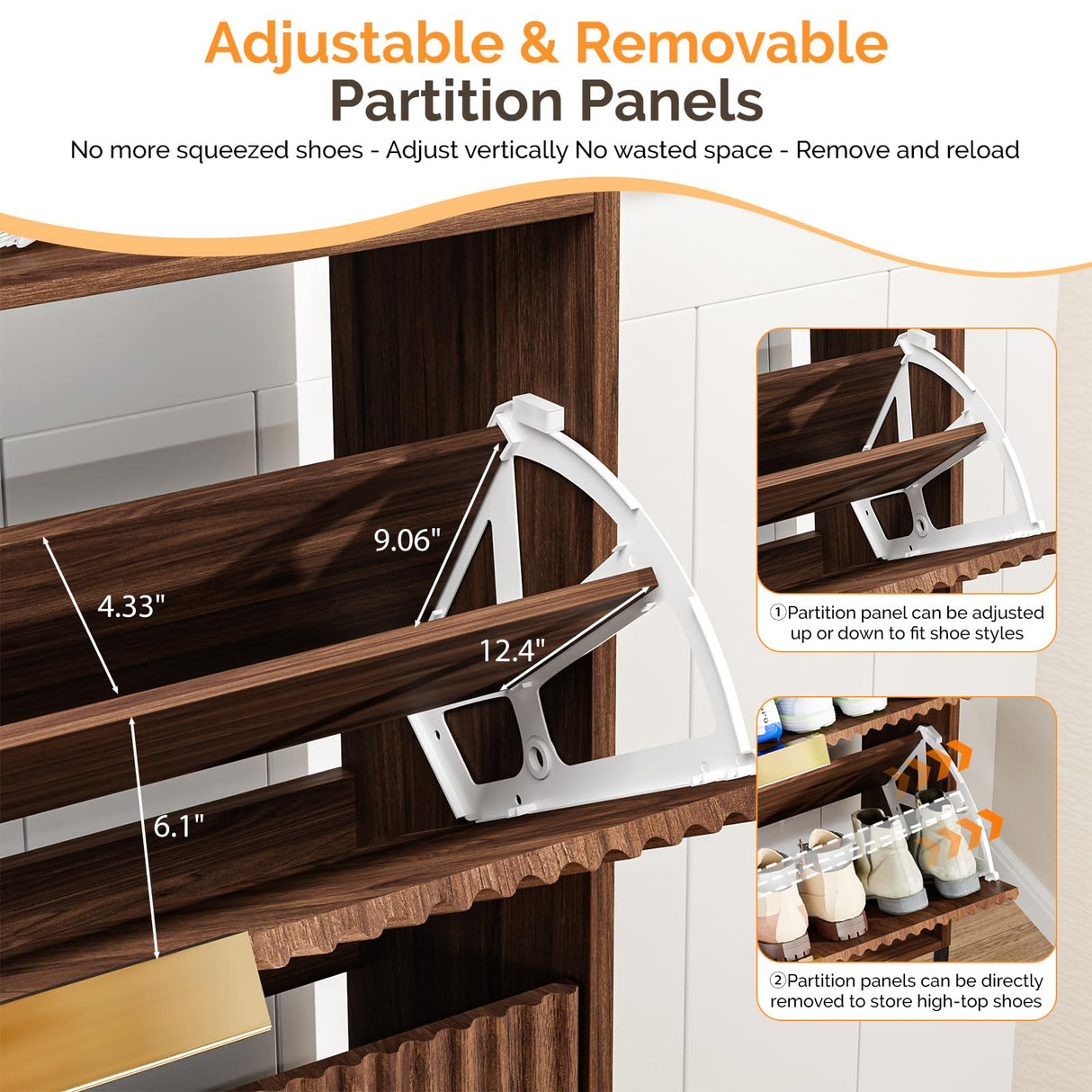 VINGLI Fluted Shoe Cabinet Storage for Entryway,Hidden Shoes Storage Cabinet with 2 Flip Drawers, Mid Century Modern Shoe Rack Organizer,Free Standing Shoes Organizer for Hallway(Dark Walnut) VINGLI