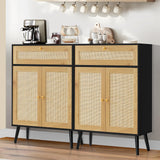 Iwell Storage Cabinet with Adjustable Shelf, Rattan Cabinet with Large Drawer, Sideboard Buffet Cabinet with Storage, Accent Cabinet, Bathroom Storage Cabinet for Dining Room, Entryway, Bedroom, Black Iwell