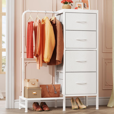 HIGDBFE Dresser with Hanging Rack, 4 Drawers Small Dresser for Bedroom, Reversible Fabric Kids Chest of Drawers for Closet with Clothes Rack, Tall Storage Tower, Sturdy Frame, White, 44''H
