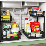 Under Sink Organizer, 2 Packs 2 Tier Under Sink Organizers and Storage, Slide Out Pull Out Cabinet Organizer Shelf, Metal Sliding Drawer for Kitchen Bathroom Pantry Cabinet Closet Organization Rack Kitstorack