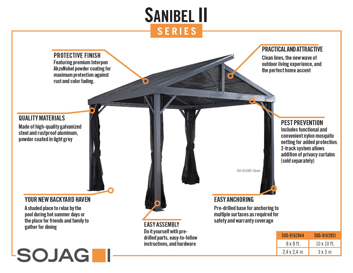 Sojag 10' x 10' Sanibel II Hardtop Gazebo Outdoor Weather-Resistant Aluminum Frame Sun Shelter with Mosquito Netting Light Grey Sojag