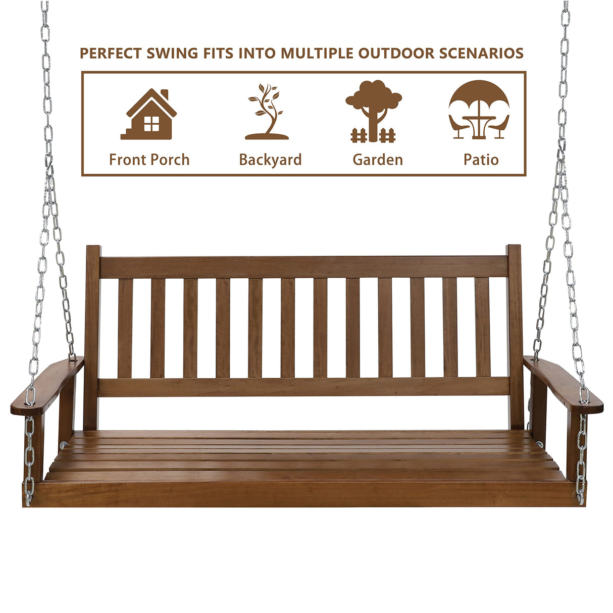MUPATER Outdoor Patio Hanging Wooden Porch Swing 5FT with Chains, 3-Person Heavy Duty Swing Bench for Garden and Backyard, Wood Brown MUPATER