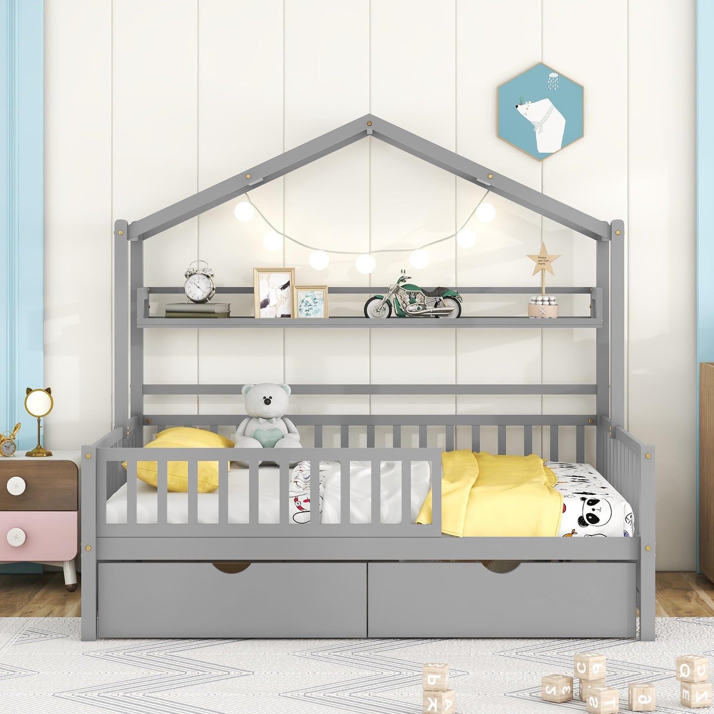 DEINPPA Whimsical House Bed Frame with Drawers and Shelf for Kids – Grey - WoodArtSupply