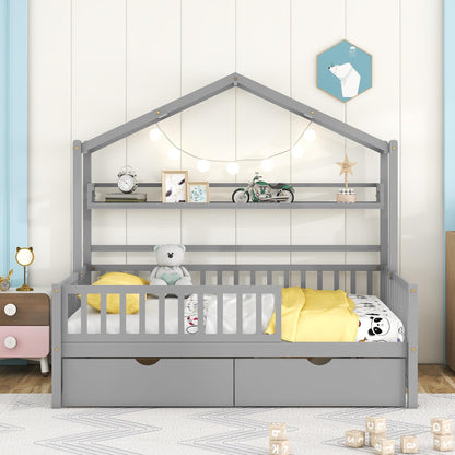 DEINPPA Whimsical House Bed Frame with Drawers and Shelf for Kids – Grey - WoodArtSupply