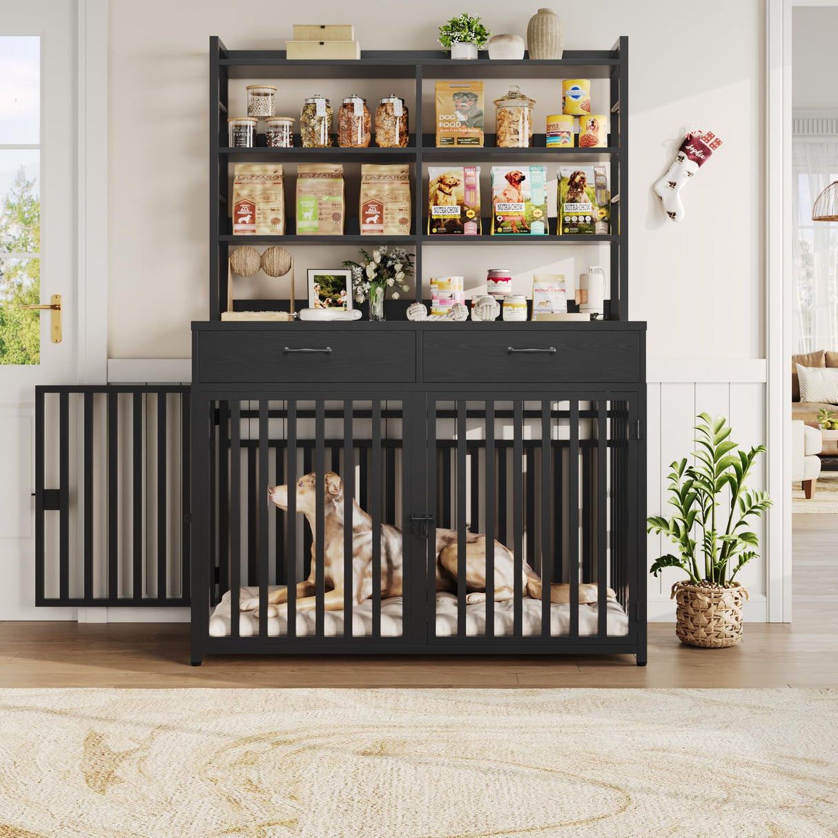 Keyluv 71''H x 47.2''W Large Dog Crate Furniture with 4-Tier Shelves and 2 Storage Drawers, Heavy Duty Dog Cage Furniture with 2 Doors, Wood & Metal Dog Kennel Indoor for Small/Medium/Large Dog, Black Keyluv