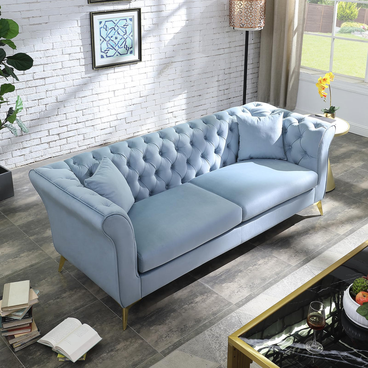 Alberobelo Chesterfield Sofa, 87" Blue Velvet Modern Couch, 3 Seater with Deep Seats, Mid-Century Design, Comfortable Sofa for Living Room, Bedroom and Office Alberobelo