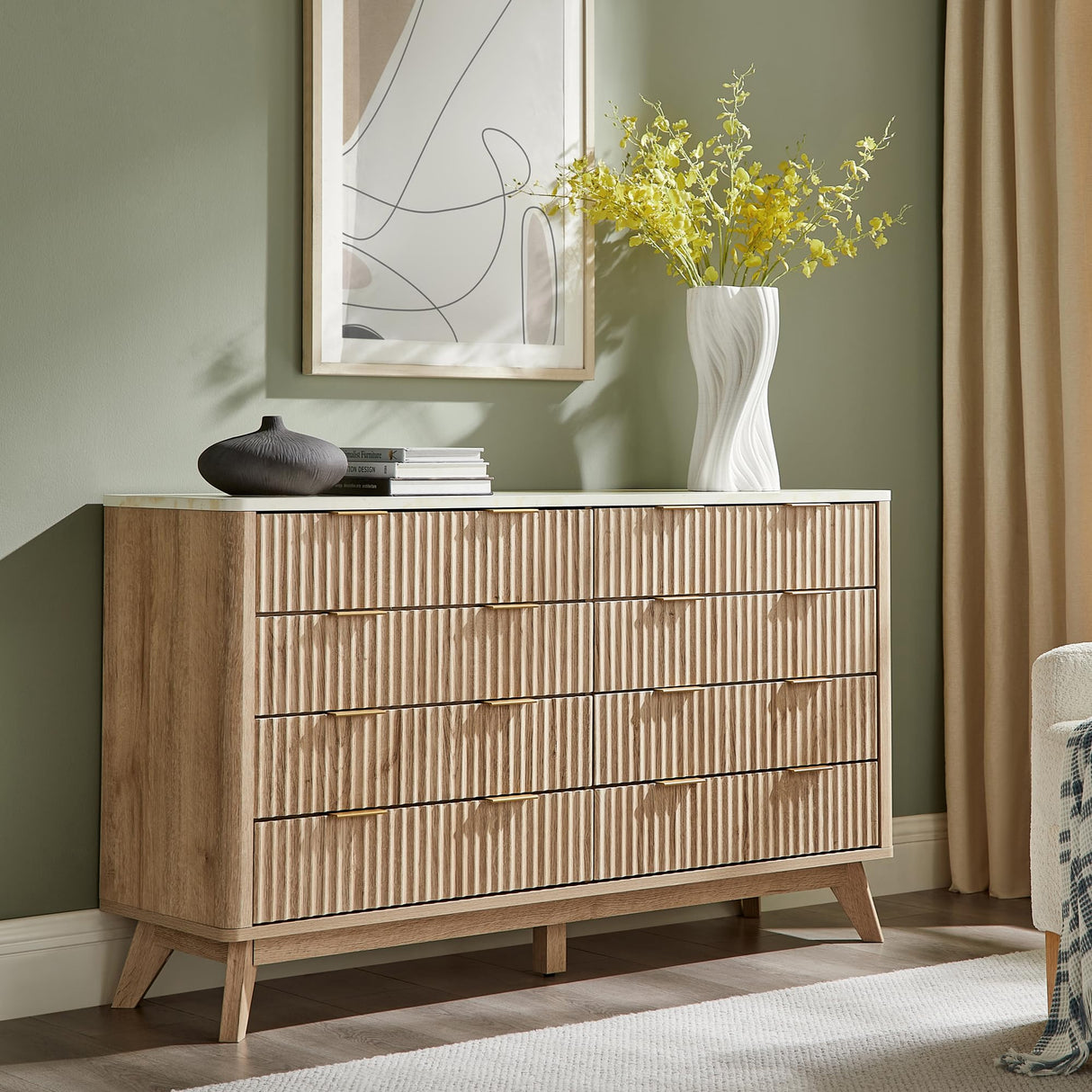 T4TREAM Fluted 8 Drawers Dresser, 54" Wide Modern Chest of Drawers with Faux Marble Top, Curved Profile Design, Dresser TV Stand, Wood Drawer Organizer for Bedroom, Living Room, Hallway, Natural Oak T4TREAM