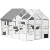 PawHut Large Catio Outdoor Cat Enclosure for Multiple Kittens, Wooden Cat House with Waterproof Cover, Walk in Kitty Cage Kennel with 2 Condos, 6 Platforms, Bridge, Doors, 110" x 73" x 74", White PawHut