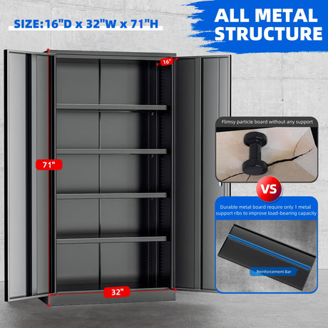 Superday Metal Storage Cabinet 71"×32"×16", Tall Storage Cabinet with 2 Doors and 4 Shelves, Large Metal Steel Utility Cabinet for Home Office, Garage, File Bathroom Pantry (Black) Superday