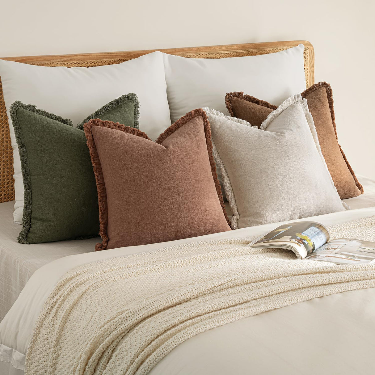 MIULEE Decorative Couch Pillow Covers Neutral Linen Fringe Throw Pillows Set of 4 Soft Rustic Cushions Boho Farmhouse Pillowcases for Bed Sofa Living Room Home Decor 18x18 Inch Beige/Brown/Green MIULEE