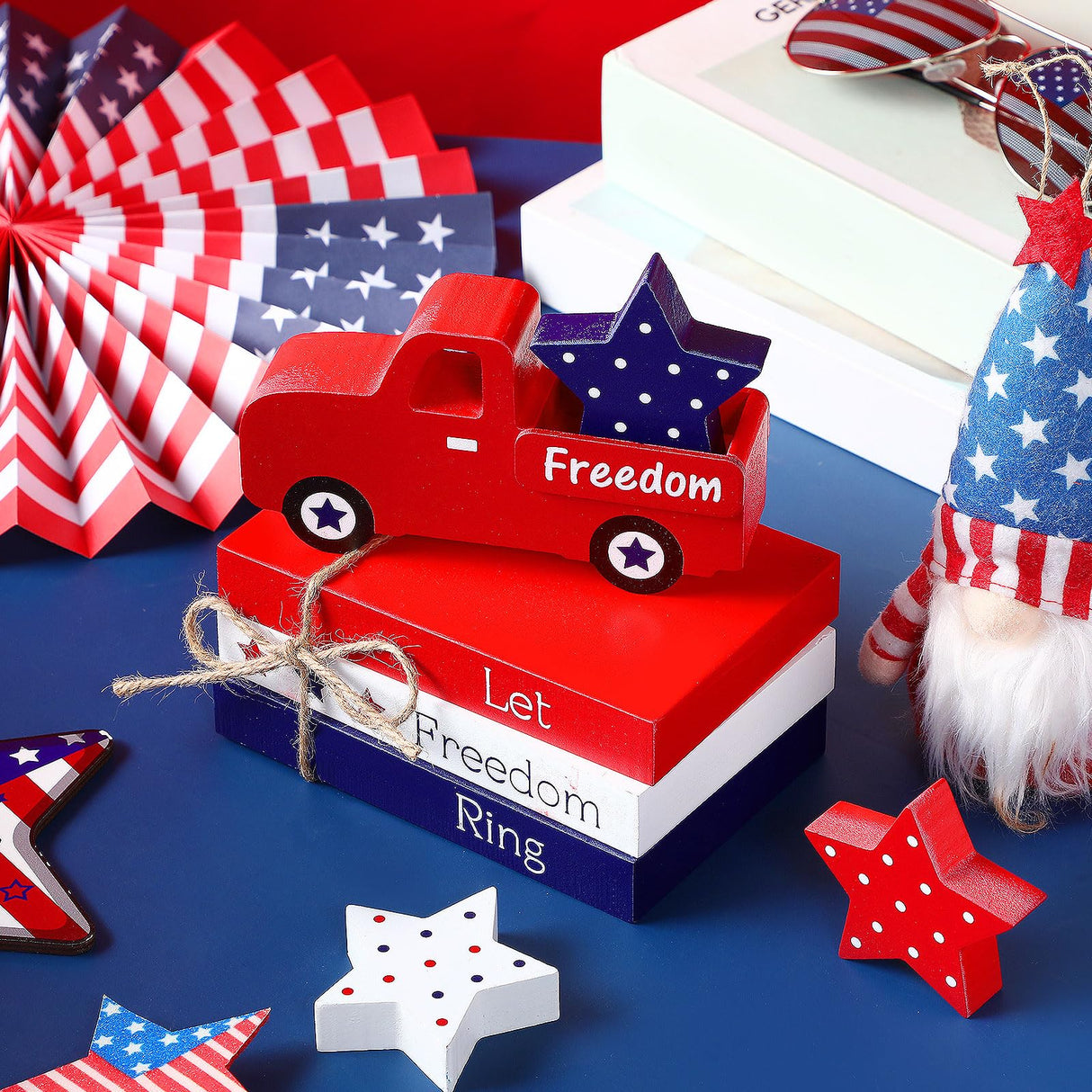 Marsui 5 Pieces Patriotic Table Decorations 4th of July Wood Blocks Let Freedom Ring Centerpieces American Wood Book Stacks for Independence Day Memorial Day Home Indoor Table Topper Tiered Tray Decor Marsui