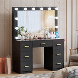 FURNJOYLIFE Black Makeup Vanity Desk with Lighted Mirror & Power Outlet,3 Color Modes, Brightness Adjustable,Vanity Table with Drawer,Sliding 2 Storage Wall-Mounted Jewelry,4 Shelves for Bedroom FURNJOYLIFE