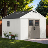Greesum 10x10 FT Plastic Outdoor Storage Shed with Floor, Resin Sheds with Windows and Skylights, Weather Resistant Organization with Lockable Door, for Garden, Lawn, Pool Supplies, Beige Greesum