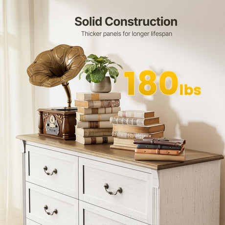 Amada Farmhouse 6 Drawers Dresser for Bedroom, 47" Wide Wood Rustic Chest of Drawers with Roman Column Design, Vintage Design, Large Storage Organizer for Bedroom, Living Room, Antique White and Brown AMADA HOMEFURNISHING