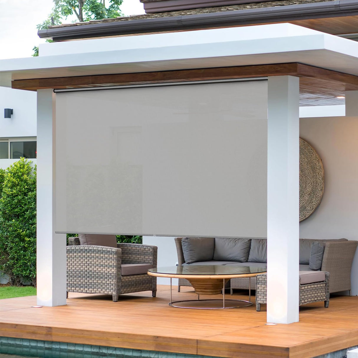 Outdoor Roller Shades for Patio with New Operation Mode (with Pull Rod-No Need Crank), Upgraded Materials Patio Shades Roller Up Outdoor with 95% UV Protection, Outdoor Blinds for Patio Proch May in Color