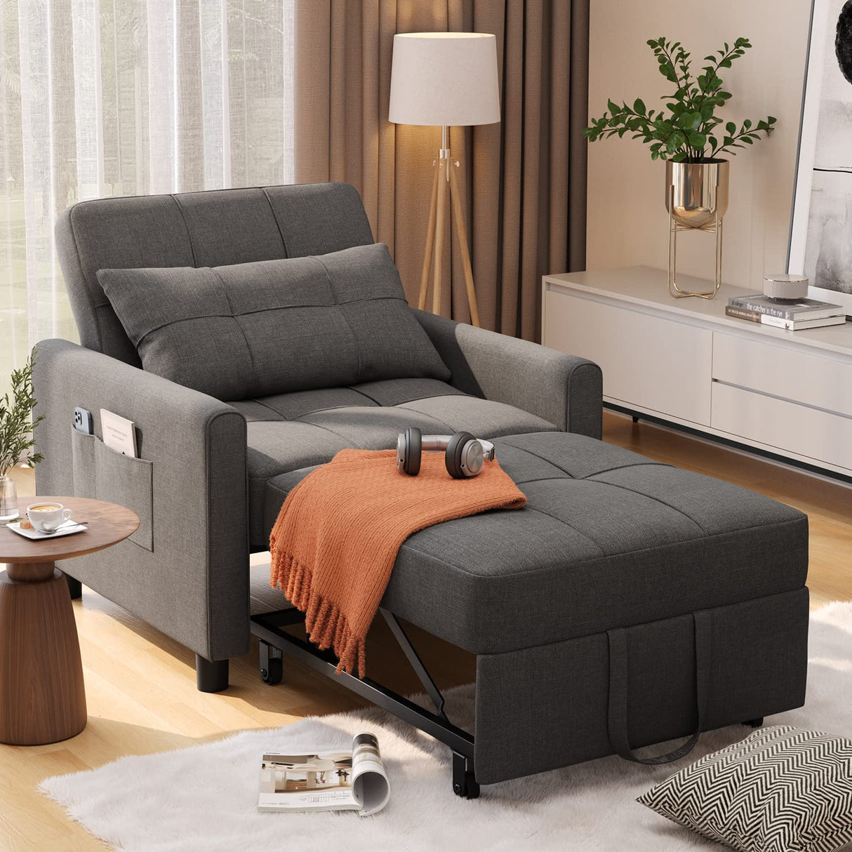 Noelse Convertible Futon Sofa Bed, 3-in-1 Multi-Functional Sleeper Chair Bed, Adjustable Backrest Recliner with Modern Linen Fabric for Living Room Bedroom Apartment Small Space, Dark Grey Noelse