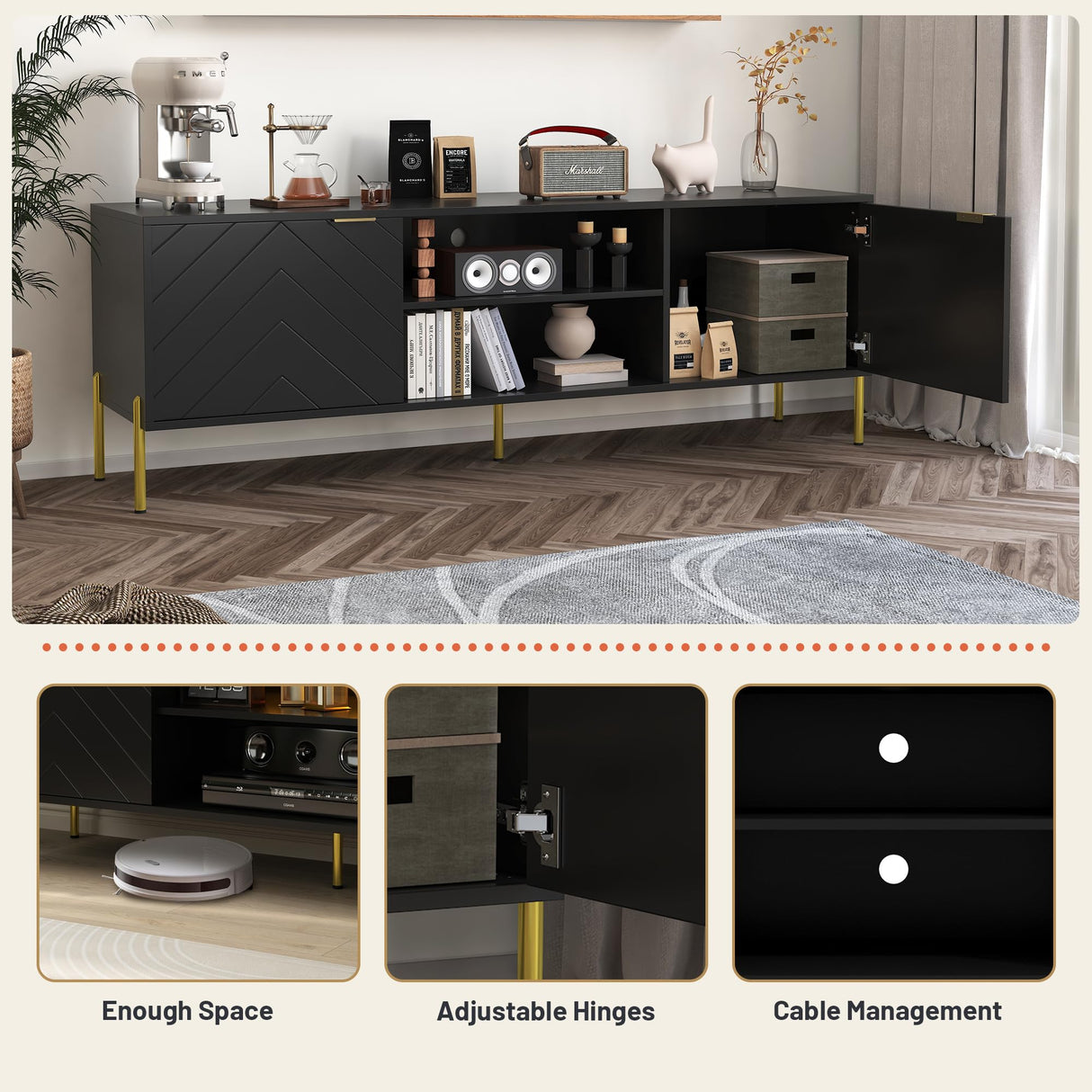 Clihome TV Stand for TVs Up to 70 inches，Modern Media Television Console Table with LED Lights， Entertainment Center with Storage Cabinets for Living Room，59Inch (Black) Clihome