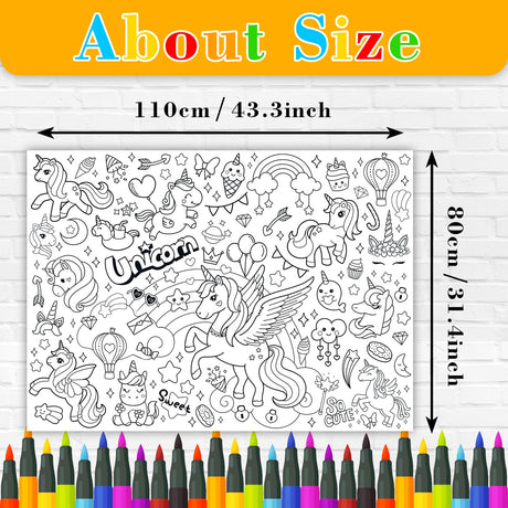 43.3x31.5" Unicorn Rainbow Coloring Poster with Picture, Giant Cute Painting Poster, Large Coloring Tablecloth for Classroom Home Birthday Party Supplies Favor Nicime