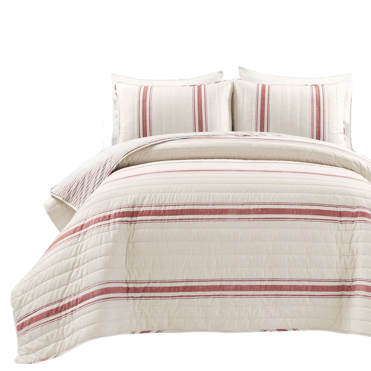 Lush Decor Farmhouse Stripe Reversible Cotton Quilt King Size 3 Piece Set Red - Farmhouse Bedding Set King Quilt - Striped Bedding Lush Decor