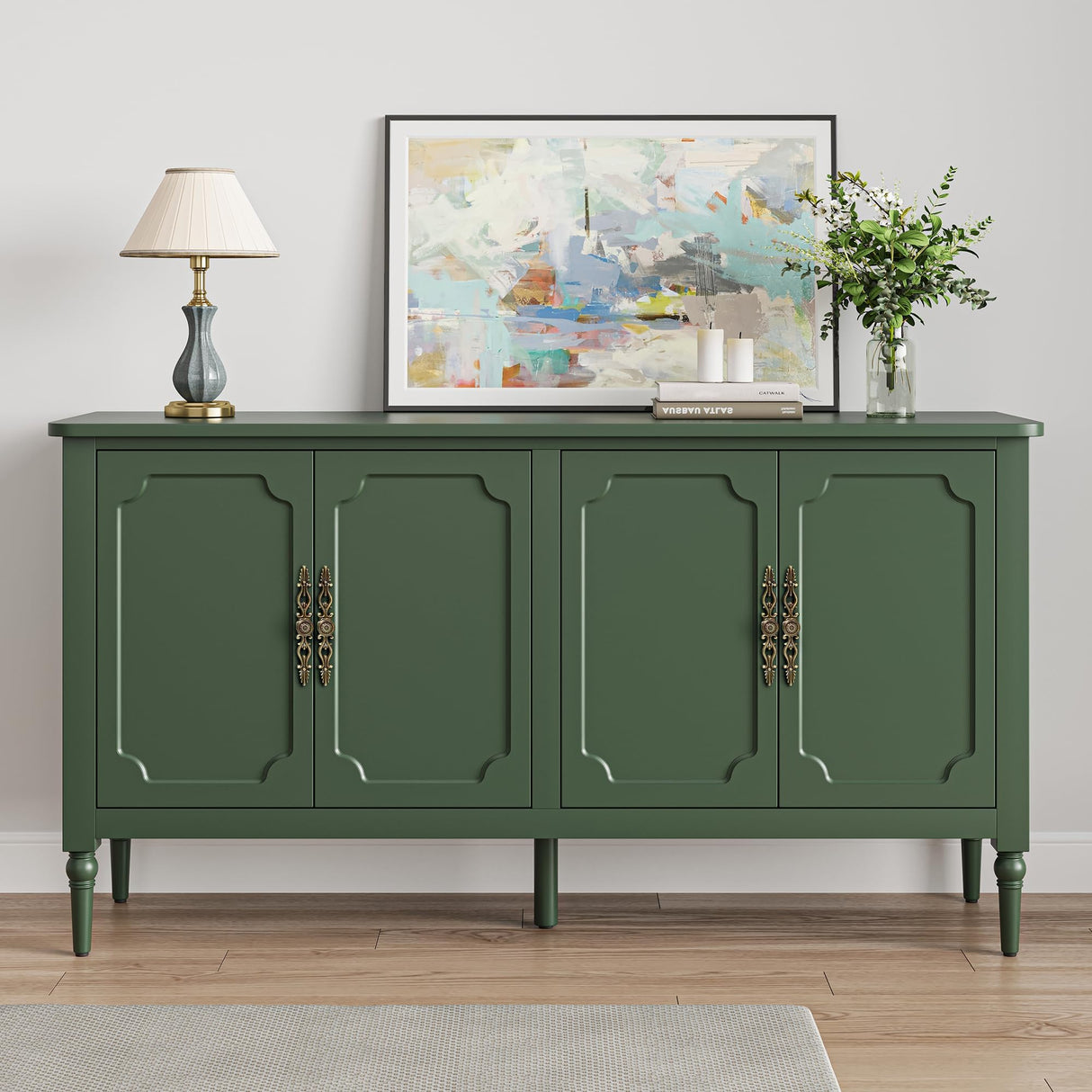 FansaFurn Console Cabinet, 58'' Mid Century Modern Pantry Cabinet, Wood Buffet Cabinet, Media Cabinet with 4 Doors, Accent Cabinet for Entryway, Living Room, Bedroom, Dining Room (Green) FansaFurn