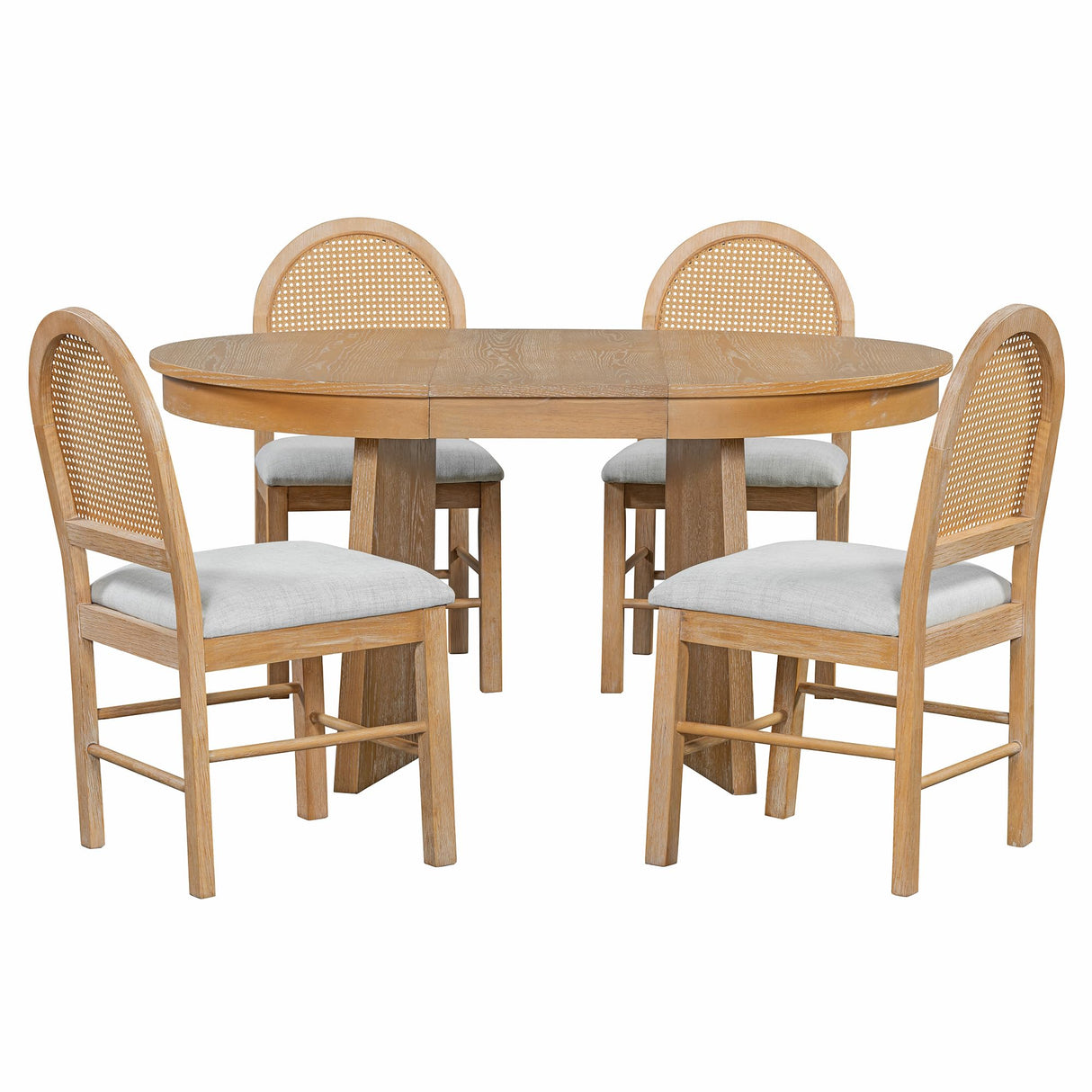 Harper & Bright Designs 5-Piece Extendable Dining Table Set, Functional Round Dining Table and 4 Upholstered Chairs with Rattan Backrests for Dining Room and Kitchen (Natural Wood Wash) Harper & Bright Designs