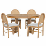 Harper & Bright Designs 5-Piece Extendable Dining Table Set, Functional Round Dining Table and 4 Upholstered Chairs with Rattan Backrests for Dining Room and Kitchen (Natural Wood Wash) Harper & Bright Designs
