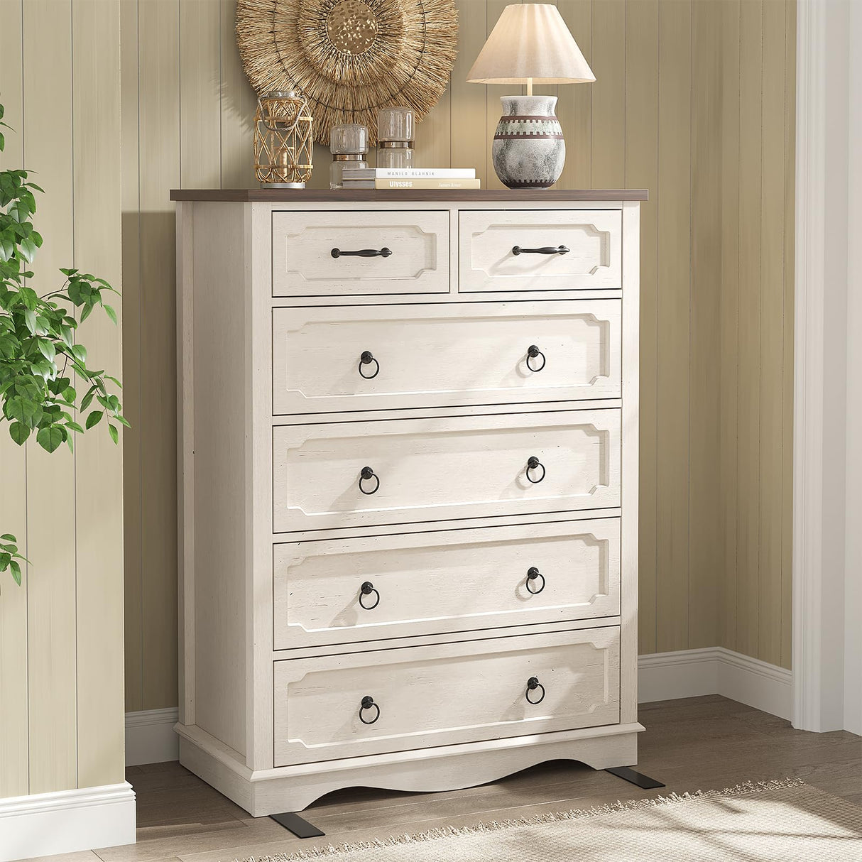 Maupvit 6 Drawer Dresser, 43" Tall Chest of Drawers for Bedroom, Farmhouse Dresser with Large Drawers & Metal Ring Pull Handles, Wood Dressers for Living Room, Hallway, Entryway, Antique White Maupvit