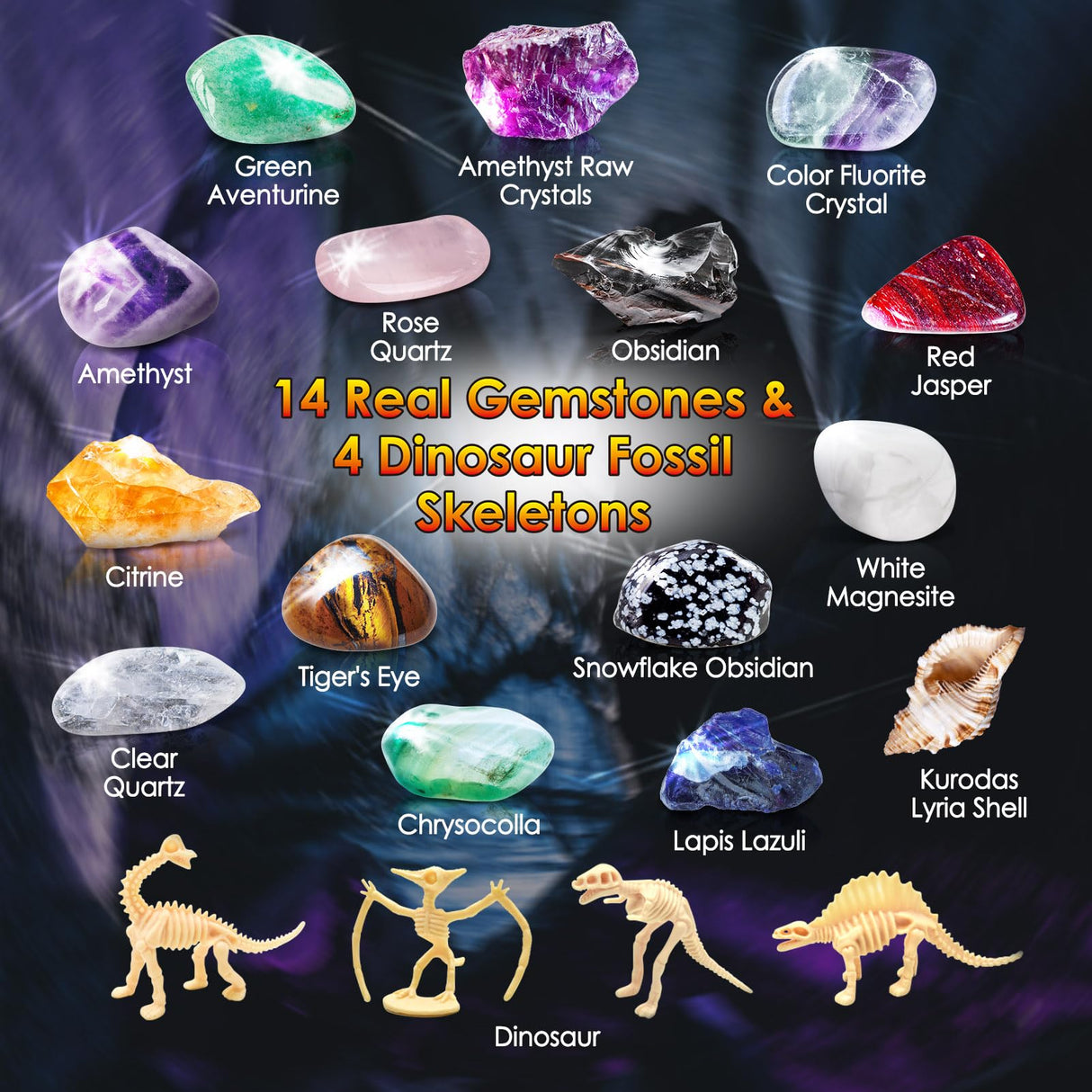 UNGLINGA Gemstone Excavation Gem Rock Dig Science Experiments Kit for Kids, Excavate 15 Gems and 4 Plastic Dinosaur Fossil Skeletons, Christmas Birthday Toys Gifts Idea for Girls and Boys UNGLINGA