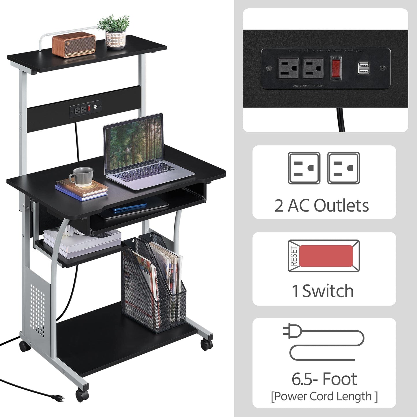 Yaheetech Mobile Home Office Desk with Power Outlet and 2 USB Charging Ports for Studying, 3 Tiers Computer Desk with Keyboard Tray and Charging Station, Rolling PC Laptop Table for Small Space, Black