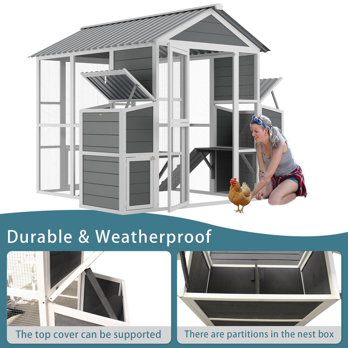 YOPTO Chicken Coop for 10 Chickens,Extra Large Wooden Chicken House Outdoor Nest Box Hen Houses with 2 Chicken Nesting Boxes,Poultry Pet Hutch w/Walk in Desgin,Ramp and Run,Waterproof Roof YOPTO