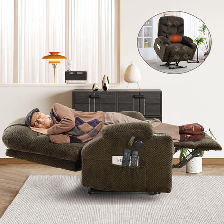 CDCASA Oversized Dual Motor Lay Flat Power Lift Recliner Chair with Massage, Heating, Textile Infinite Position Large Recliner Chairs for Big & Elderly People, USB & Type-C Ports, Brown CDCASA