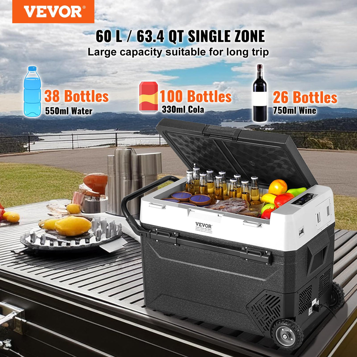 VEVOR J60 12 Volt Refrigerator Fridge, 60Liter(63.4qt) Single Zone Portable Freezer, -4℉-68℉ Adjustable Temperature, Compressor Cooler for Home, Outdoor, Camping, RV, Car, Black VEVOR